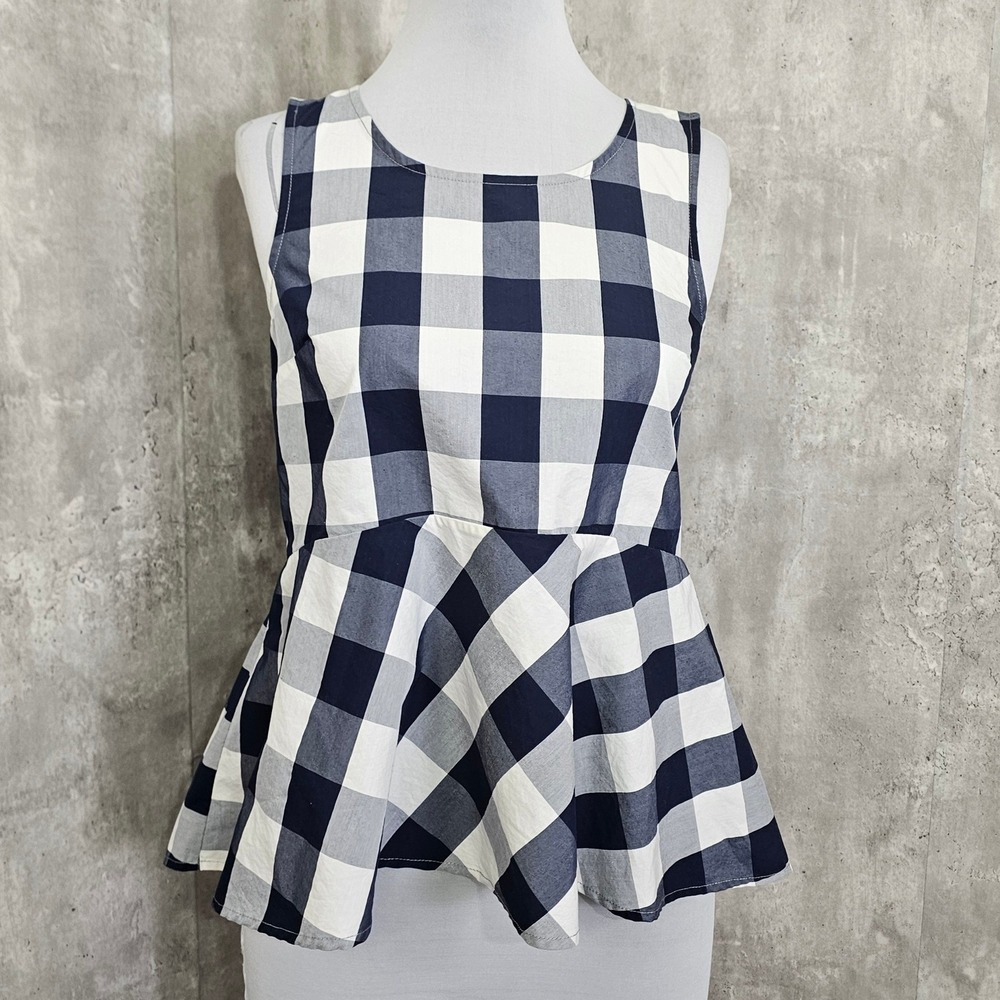 HD In Paris Gingham Peplum Top Womens 8 Blue White Check Sleeveless Cotton